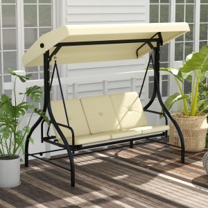 Outsuuny 2 i 1 verandagynge med lænefunktion, 3-personers havegynge med justerbart soltag, gyngebænkbelastning op til 240 kg, haveliggestol til haven, terrasse, 195 x 117 x 175 cm, beige