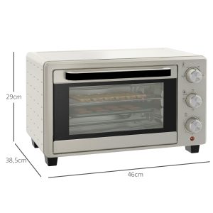 Miniovn med rotisserie, lille 21 L brødristerovn med 1 rist og 1 bageplade, 3 tilberedningstilstande, 100 °C-230 °C, rustfrit stål, glas, cremehvid
