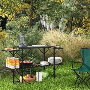 Campingbord Sammenklappeligt Camping Køkkenbord med 2 Hylder og 4 Sideborde, Picnicbord med Kopholder og Metal Bæretaske