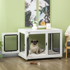 Hundebur med bordplade, hynde, 2 døre, hundehus, hundekennel, indendørs hundeboks, sidebord, hvid+sort, 94 x 60 x 71,5 cm