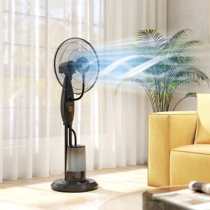 Vandkøleblæser, Standblæser med Tågespray, Fjernbetjening, Timerfunktion, 3,2L Vandtank, 3 Funktioner, 75W, Oscillerende Vandblæser med Hjul, 120cm
