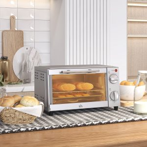 Miniovn 9L Miniovn med bageplade, grillrist, 100 °C-230 °C, med justerbar temperatur og tilberedningstid, 60 min. Timer, 750W, Rustfrit Stål, Sølv