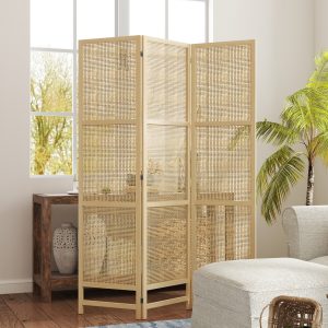 Foldbar skærm 3-delt 135 x 180 cm skillevæg rumdeler lavet af PP-rattan, foldbar rumdeler privatlivsskærm til stue naturlig