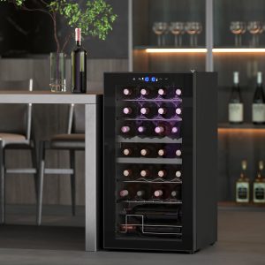 Vinkøleskab 2 zoner 28 flasker 74L 5-18℃ kompressor drikkevarekøleskab med LED-lys, UV-bestandig glasdør, lille vinskab, flaskekøleskab med touchskærm, sort