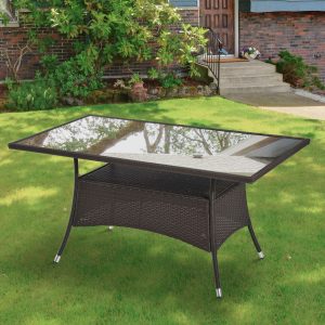 Spisebord havebord polyrattan glasbord 150x85x74cm, sikkerhedsglas brun sort, ideel til have og terrasse