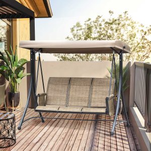 Outsuuny verandagynge med sidelomme, 3-personers havegynge med justerbart soltag, gyngebænkbelastning op til 300 kg, til have, terrasse, 196 x 128 x 172 cm, brun