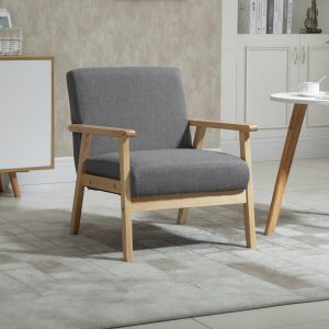 Wingback-stol, Loungestol med armlæn, Spisestol, Afslappende stol i linnedlook, Polstret stol, Grå, 64 x 70 x 72 cm
