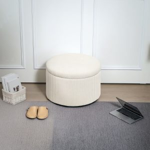 Opbevaringsfodskammel med låg, rund polstret skammel, fodskammel med fløjlslook til stue, soveværelse, 60 x 60 x 41 cm, beige