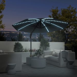 Aluminiums cantilever parasol LED solcelle Ø300cm højdejusterbar parasol med håndsving UV50+ vandafvisende 360° drejelig markedsparasol vipbar haveparasol solbeskyttelse til havebalkon mørkegrå