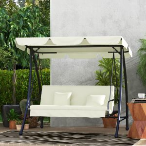 Outsuuny 2 i 1 verandagynge med lænefunktion, 3-personers havegynge med justerbart soltag, gyngebænkbelastning op til 240 kg, haveliggestol til haven, terrasse, 200 x 125 x 170 cm, cremehvid