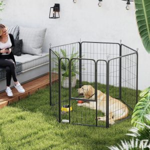 Hvalpegård sekskantet hvalpegård med 6 gitterpaneler, fleksibel foldbar dør, beskyttende presenning, fritgående indhegning 100 cm høj, hundegård, hvalpegitter til hunde og katte, kravlegård til indendørs og udendørs
