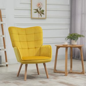 Lænestol Wingback-stol med armlæn, træramme, polstret loungestol med fløjlslook, afslappende lænestol til stue, soveværelse, gul
