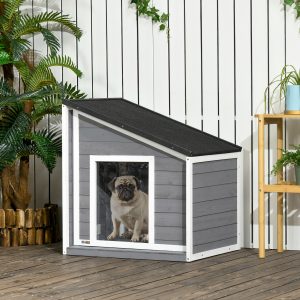Hundehus vejrbestandigt hundehus lavet af fyrretræ med asfalttag og dørgardin grå 71x58x53/77cm til små hunde