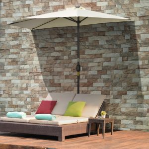 Parasol 265x240 cm halvparasol med LED, halvrund terrasseparasol med håndsving og solpanel, metal, beige