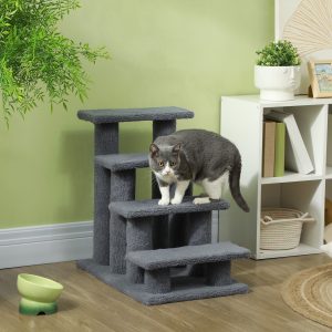 Kæledyrstrappe, kattetrappe, hundetrappe, 4 trin, grå, 63,5 x 43 x 60 cm til katte og hunde, ideel til seniorer og små dyr