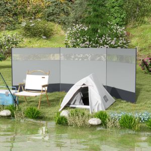 Læhegn, foldbar campingskærm, privatlivsskærm med lyskilde, vinduespløkker, reb, læhegn, strand, læhegn, strandbeskyttelse til camping, have, strand, terrasse 440 x 140 cm grå