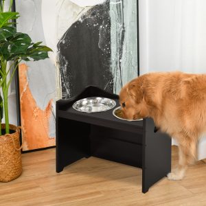 Højdejusterbar Hundeskål Foderstation med Rustfri Stålskål, til Hunde og Katte, MDF, Mørkebrun, 54x31,5x47cm