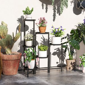 6-etagers plantestativ med bakker, foldbar blomsterstativ til indendørs brug, metal plantehylde, blomsterhylde i flere niveauer, 80 cm høj blomstertrappe blomstersøjle til havebalkon, sort