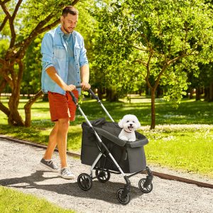 Hundebørn, letvægts hundevogn lavet af aluminium, foldbar til hunde og katte op til 10 kg, kattevogn med hynde, netvinduer, døre, opbevaringskurv, kattevogn, klapvogn, grå
