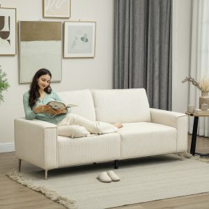 3-personers sofa, sofa med armlæn, ryghynder, stuesofa med fløjlsbetræk, fjederkerne, tykt polstret sofa til stue, soveværelse 193 x 77 x 80 cm, cremehvid