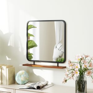 Vægspejl 55 x 55,5 cm Entrespejl med træhylde, Rektangulært spejl, Dekorativt spejl til soveværelse, badeværelse, Sort