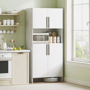Køkkenskab, højskab med hylde til mikrobølgeovn, buffetskab med soft-close dør, opbevaringsskab vitrineskab til køkken/spisestue 79x40x175 cm hvid