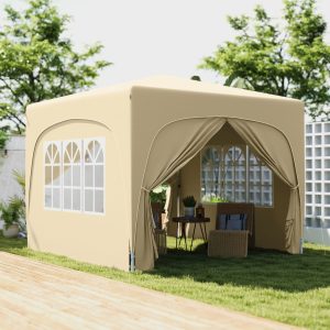 Pavillon 3x3m, vandafvisende, stabil, vintersikker pop-up foldbar pavillon, UV-beskyttelse 50+, foldbart partytelt havetelt med 4 sidepaneler taske havepavillon til camping have, sand