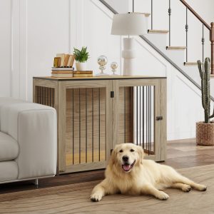 Hundeburmøbler, Hundebur med Dør og Vindue, Sidebord til Hjemmet, Hundehus til Store Hunde under 30 kg, Stål, 106 x 60 x 76 cm, Eg