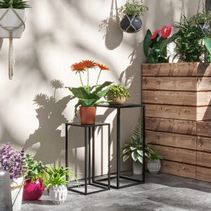 Sæt med 2 plantestativer, planteskamler med stålben, skandinavisk design, blomsterstativ til have, balkon, sort